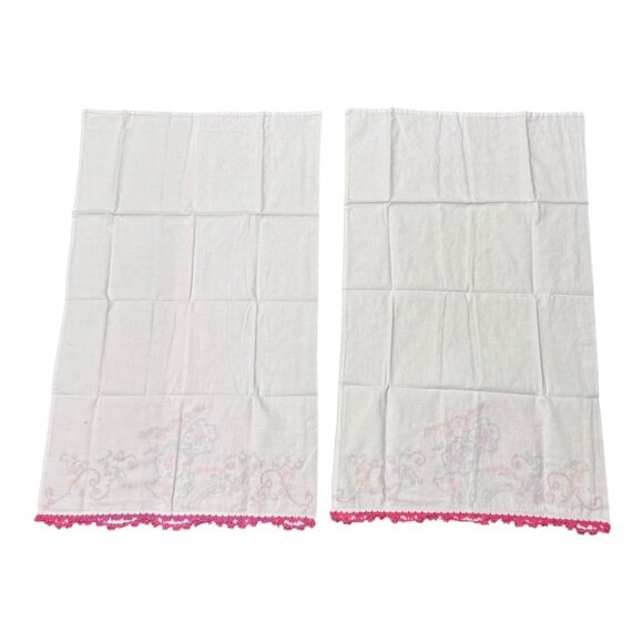 Vintage Hand-Embroidered Applique Cotton Pillowcases Floral Cottage Granny Core - Picture 3 of 4